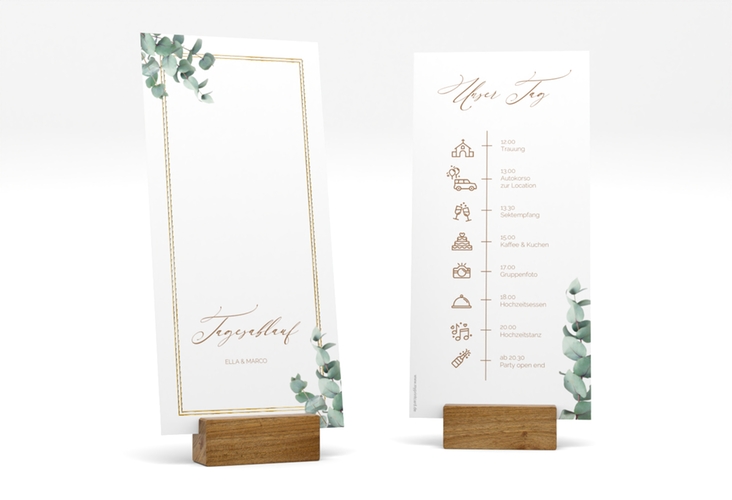 Tagesablauf Hochzeit Eucalypt lange Karte hoch weiss gold mit Eukalyptus und edlem Rahmen