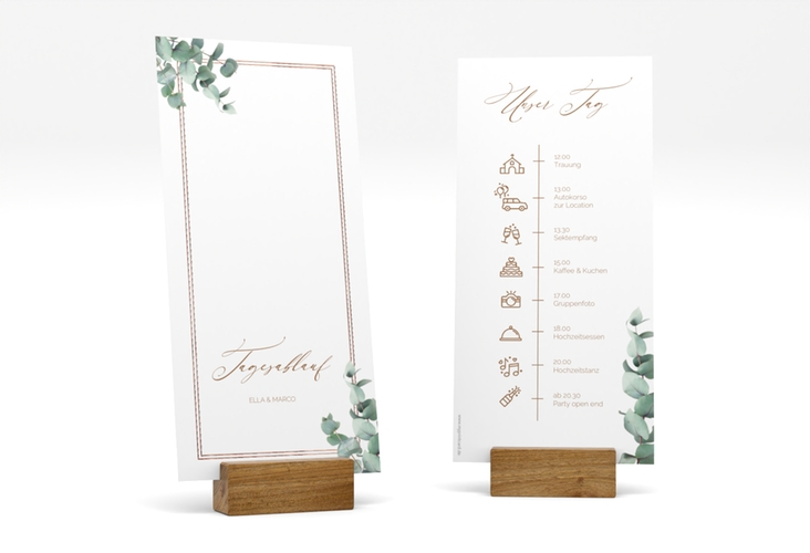 Tagesablauf Hochzeit Eucalypt lange Karte hoch weiss rosegold mit Eukalyptus und edlem Rahmen