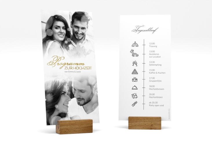 Tagesablauf Hochzeit Bokeh lange Karte hoch weiss gold