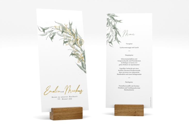 Menükarte Hochzeit Eucalyptus Green lange Karte hoch weiss gold