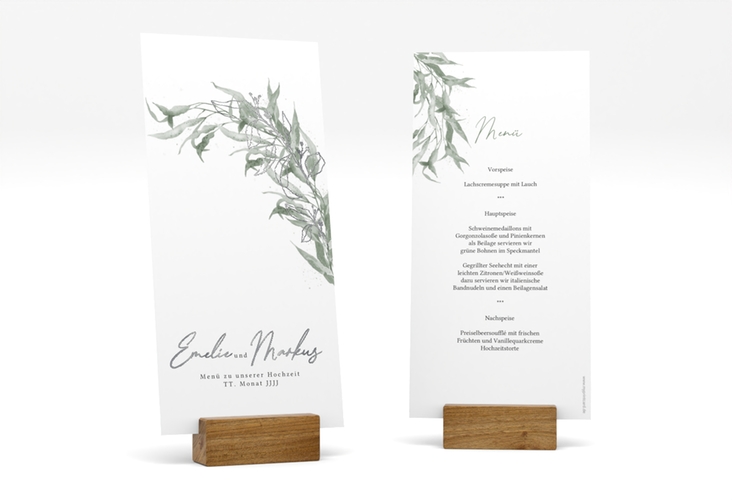 Menükarte Hochzeit Eucalyptus Green lange Karte hoch weiss silber
