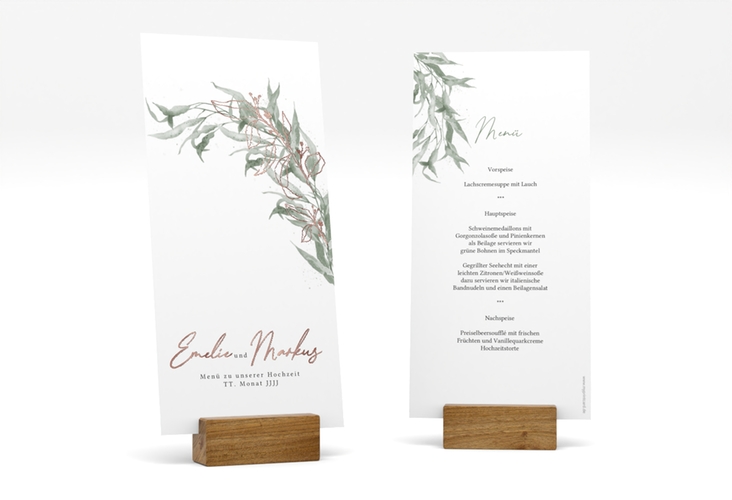 Menükarte Hochzeit Eucalyptus Green lange Karte hoch weiss rosegold