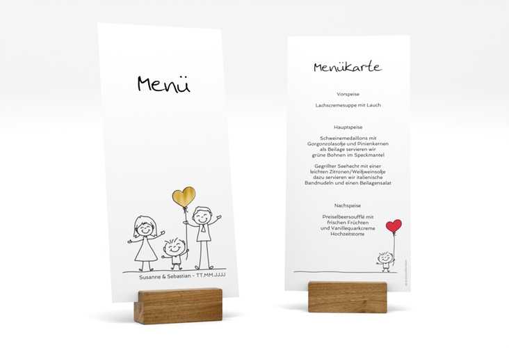 Menükarte Hochzeit Family lange Karte hoch weiss gold