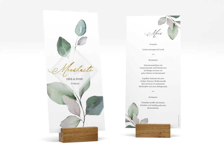Menükarte Hochzeit Foglia lange Karte hoch weiss gold edel mit Eukalyptus im Aquarell-Design