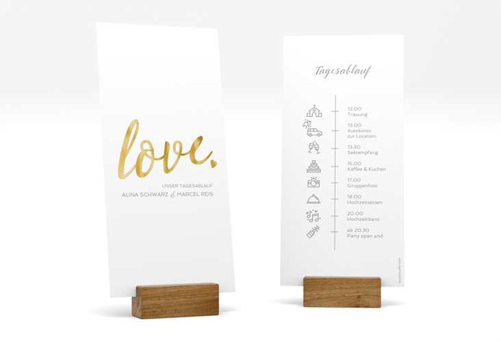 Tagesablauf Hochzeit Glam lange Karte hoch weiss gold