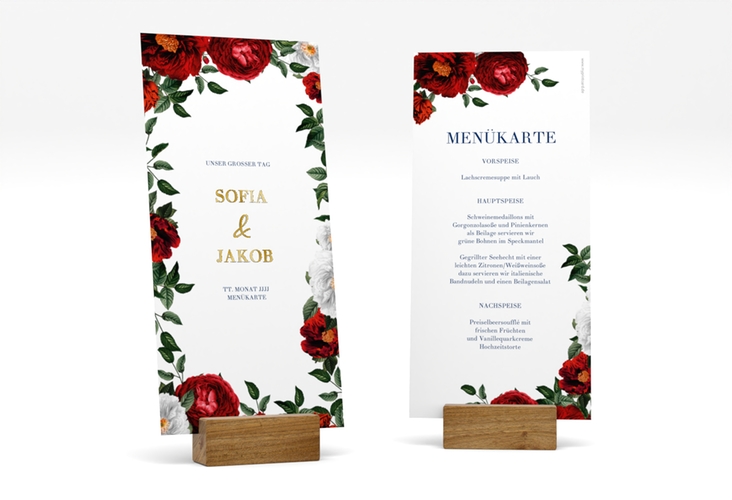 Menükarte Hochzeit Florista lange Karte hoch weiss gold