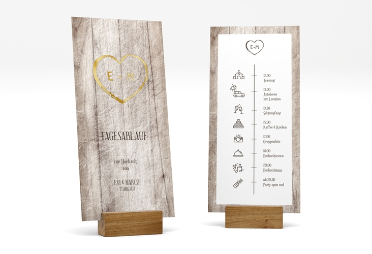 Tagesablauf Hochzeit Wood lange Karte hoch weiss gold