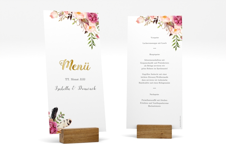 Menükarte Hochzeit Flowers lange Karte hoch weiss gold mit bunten Aquarell-Blumen