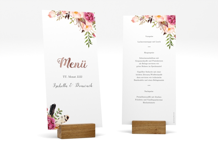 Menükarte Hochzeit Flowers lange Karte hoch weiss rosegold mit bunten Aquarell-Blumen