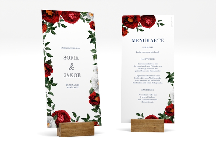 Menükarte Hochzeit Florista lange Karte hoch weiss silber