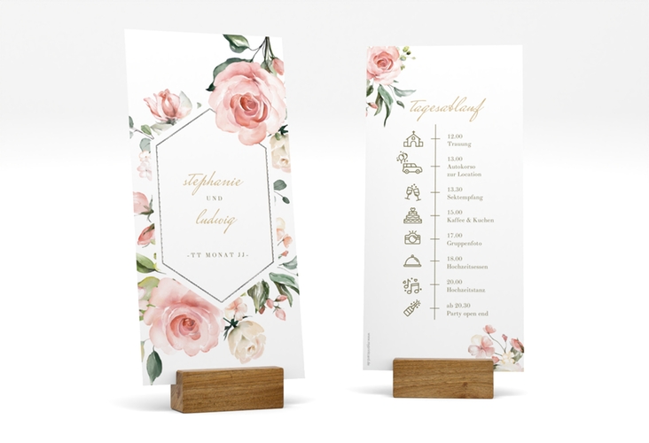 Tagesablauf Hochzeit Graceful lange Karte hoch weiss silber mit Rosenblüten in Rosa und Weiß