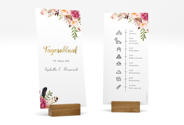 Tagesablauf Hochzeit Flowers lange Karte hoch weiss gold mit bunten Aquarell-Blumen