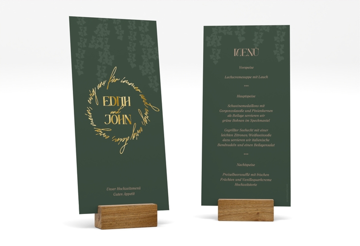Menükarte Hochzeit Efeugrün lange Karte hoch gruen gold im Fantasy-Elfen-Design mit Efeu