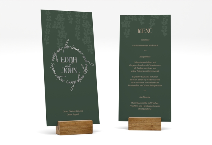 Menükarte Hochzeit Efeugrün lange Karte hoch gruen silber im Fantasy-Elfen-Design mit Efeu