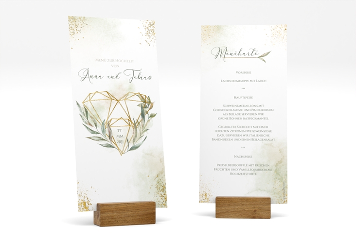 Menükarte Hochzeit Heartfelt lange Karte hoch weiss gold mit Diamanten im Geometric Design