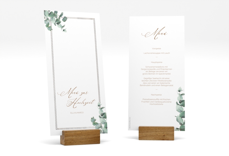 Menükarte Hochzeit Eucalypt lange Karte hoch weiss silber mit Eukalyptus und edlem Rahmen