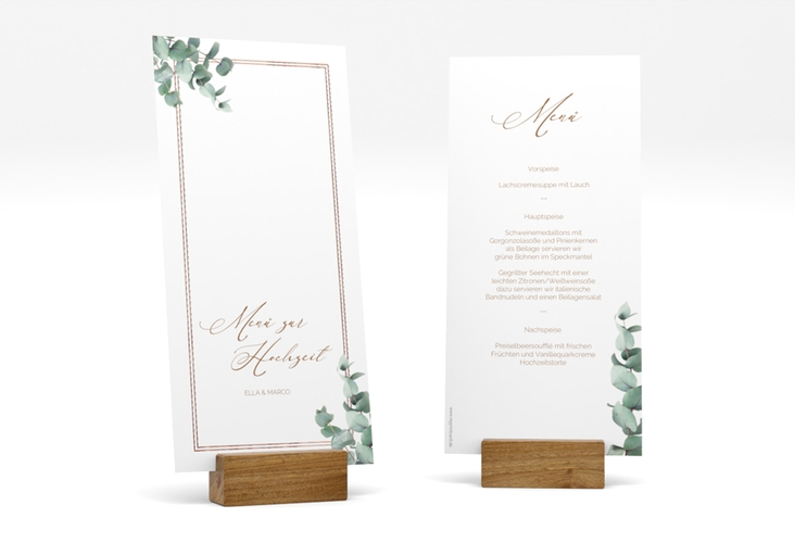 Menükarte Hochzeit Eucalypt lange Karte hoch weiss rosegold mit Eukalyptus und edlem Rahmen