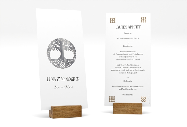 Menükarte Hochzeit Lebensbaum lange Karte hoch weiss silber im Stil der Kelten und Wikinger
