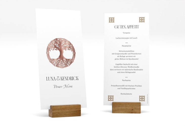 Menükarte Hochzeit Lebensbaum lange Karte hoch weiss rosegold im Stil der Kelten und Wikinger