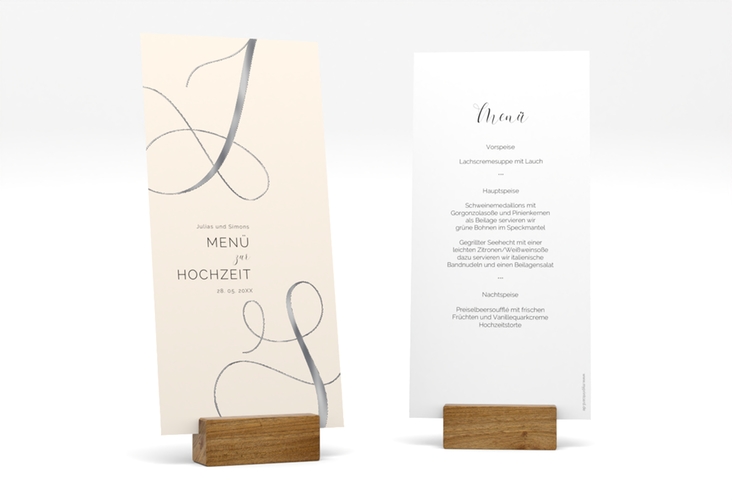 Menükarte Hochzeit Eheschließung lange Karte hoch beige silber