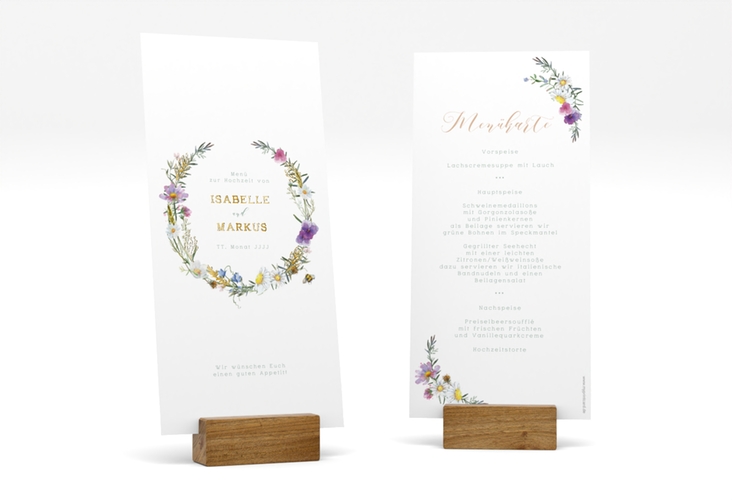 Menükarte Hochzeit Blumengarten lange Karte hoch weiss gold mit Blumenkranz und Hummel