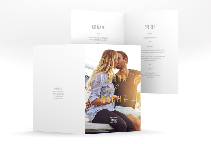 Menükarte Hochzeit Memory A5 Klappkarte hoch gold