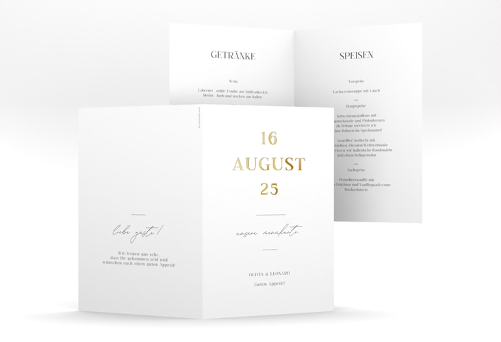 Menükarte Hochzeit Authentisch A5 Klappkarte hoch gold in schlichtem Design mit großem Hochzeitsdatum