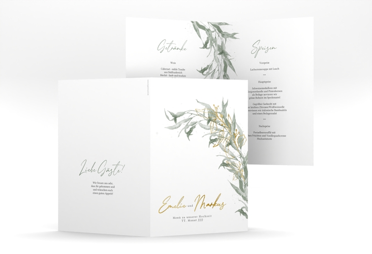 Menükarte Hochzeit Eucalyptus Green A5 Klappkarte hoch gold