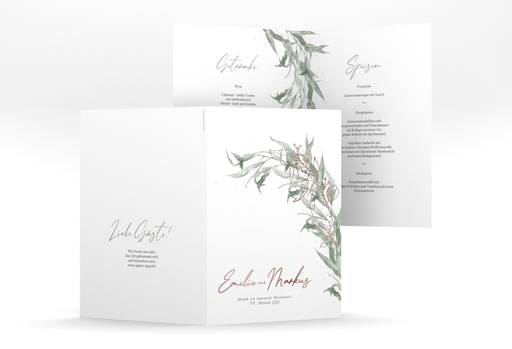 Menükarte Hochzeit Eucalyptus Green A5 Klappkarte hoch rosegold