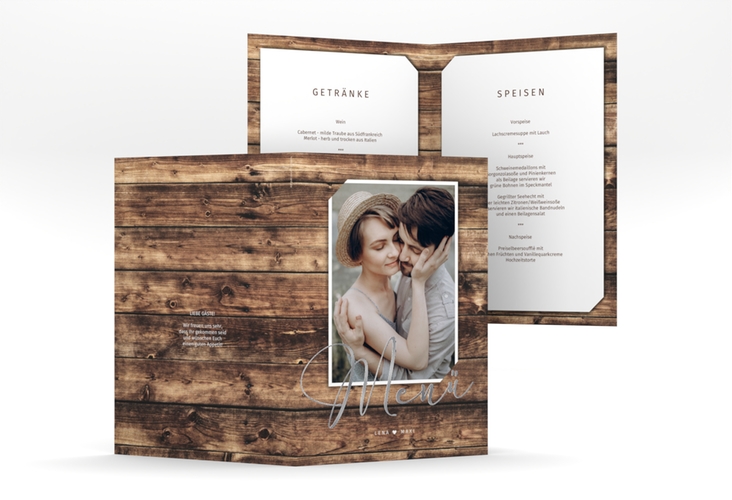 Menükarte Hochzeit Rustic A5 Klappkarte hoch silber in Holz-Optik mit Foto