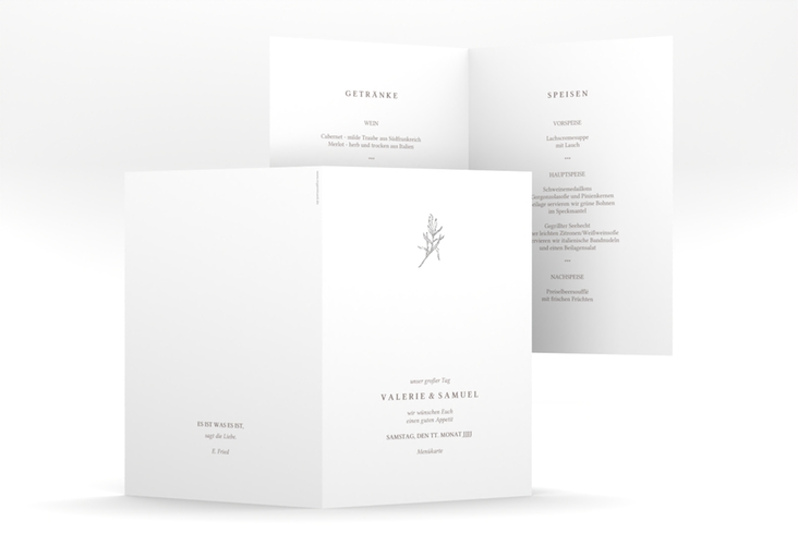 Menükarte Hochzeit Ivy A5 Klappkarte hoch silber minimalistisch mit kleiner botanischer Illustration