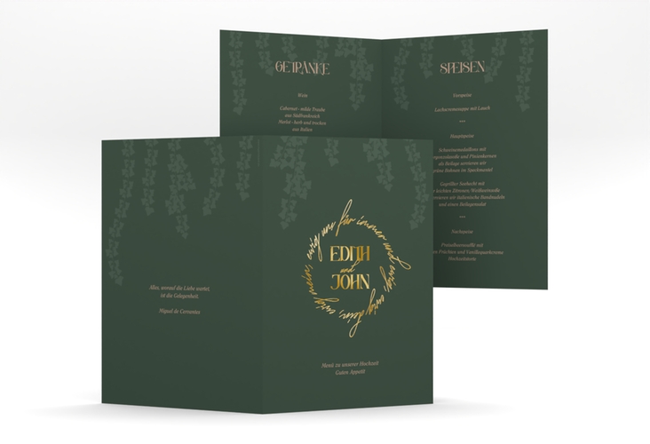 Menükarte Hochzeit Efeugrün A5 Klappkarte hoch gold im Fantasy-Elfen-Design mit Efeu