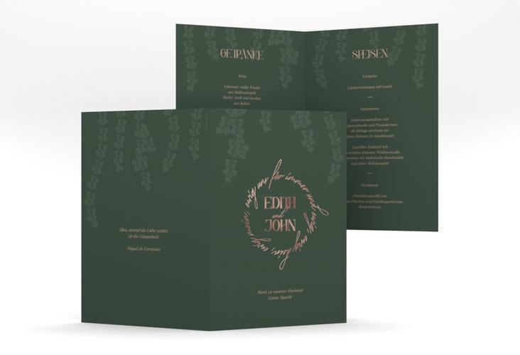 Menükarte Hochzeit Efeugrün A5 Klappkarte hoch rosegold im Fantasy-Elfen-Design mit Efeu