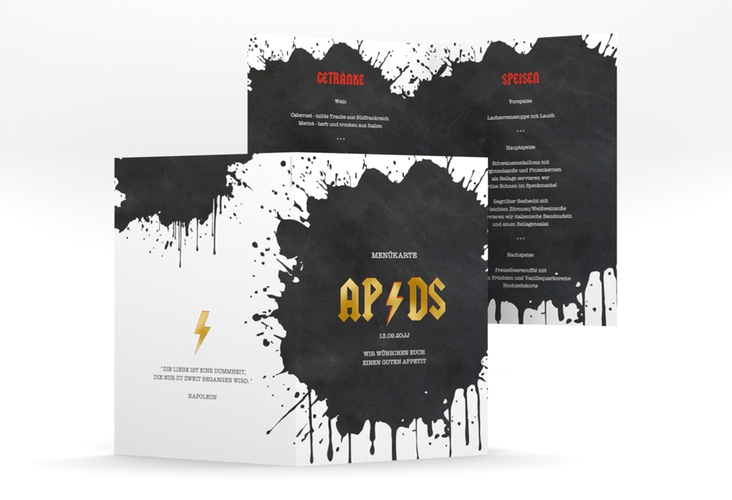 Menükarte Hochzeit Hardrock A5 Klappkarte hoch gold für Rockband-Fans