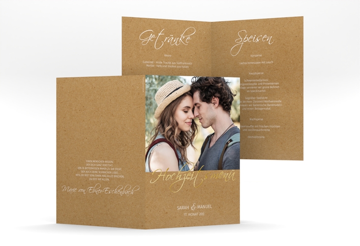 Menükarte Hochzeit Big Picture A5 Klappkarte hoch gold mit Foto des Brautpaars