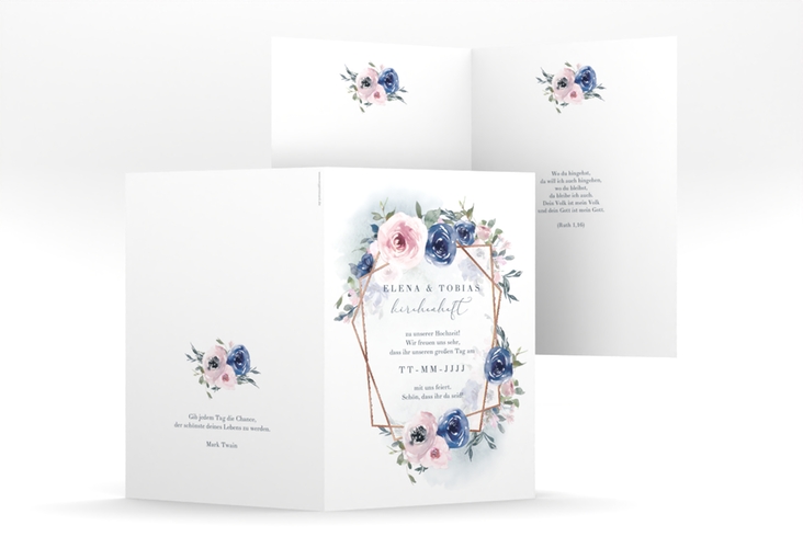 Kirchenheft Hochzeit Dustyblue A5 Klappkarte hoch rosegold