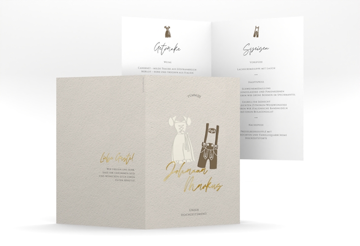 Menükarte Hochzeit Trachtenhochzeit A5 Klappkarte hoch gold mit Dirndl und Lederhose