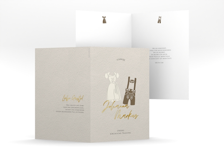 Kirchenheft Hochzeit Trachtenhochzeit A5 Klappkarte hoch gold mit Dirndl und Lederhose