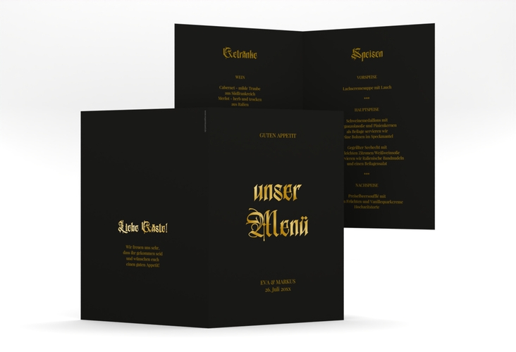 Menükarte Hochzeit Wednesday A5 Klappkarte hoch gold