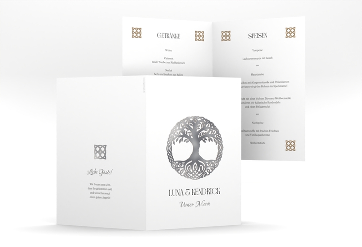 Menükarte Hochzeit Lebensbaum A5 Klappkarte hoch silber im Stil der Kelten und Wikinger
