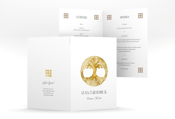 Menükarte Hochzeit Lebensbaum A5 Klappkarte hoch gold im Stil der Kelten und Wikinger