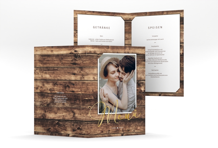 Menükarte Hochzeit Rustic A5 Klappkarte hoch gold in Holz-Optik mit Foto