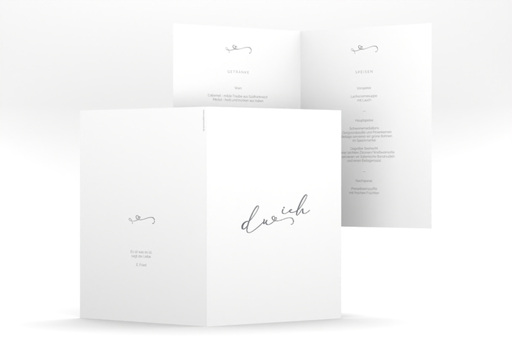 Menükarte Hochzeit Zweisamkeit A5 Klappkarte hoch silber im minimalistischen Stil mit Aufschrift du & ich