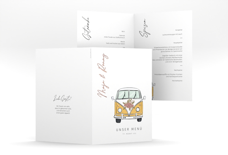 Menükarte Hochzeit Hochzeitsbulli A5 Klappkarte hoch rosegold