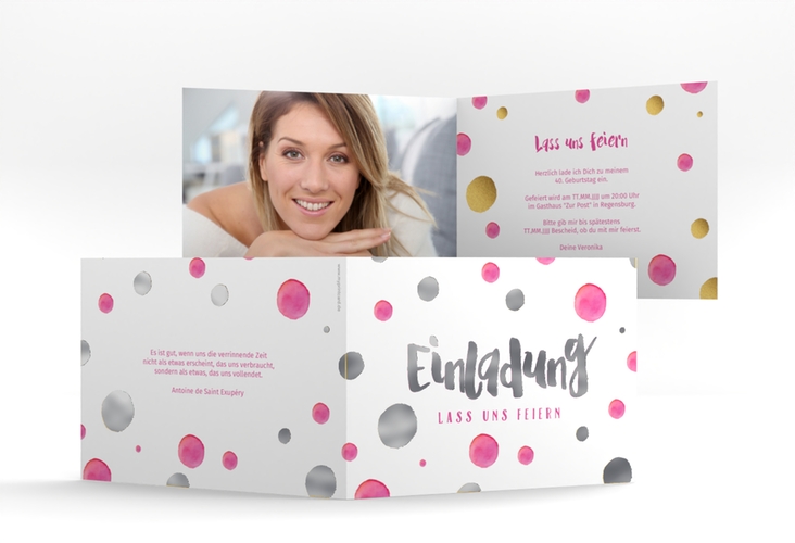 Einladung 40. Geburtstag Dots A6 Klappkarte quer silber