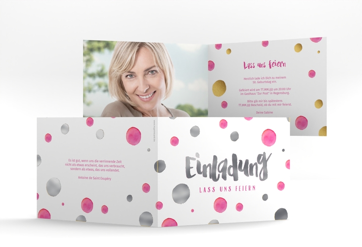 Einladung 50. Geburtstag Dots A6 Klappkarte quer silber