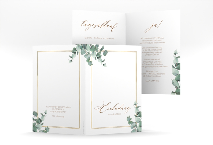 Einladungskarte Hochzeit Eucalypt A6 Klappkarte hoch gold mit Eukalyptus und edlem Rahmen