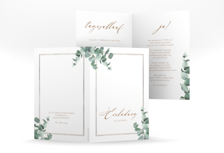 Einladungskarte Hochzeit Eucalypt A6 Klappkarte hoch silber mit Eukalyptus und edlem Rahmen