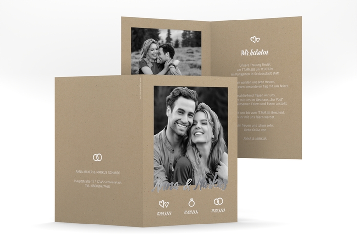 Einladungskarte Hochzeit Icons A6 Klappkarte hoch silber im Kraftpapier-Look mit Foto