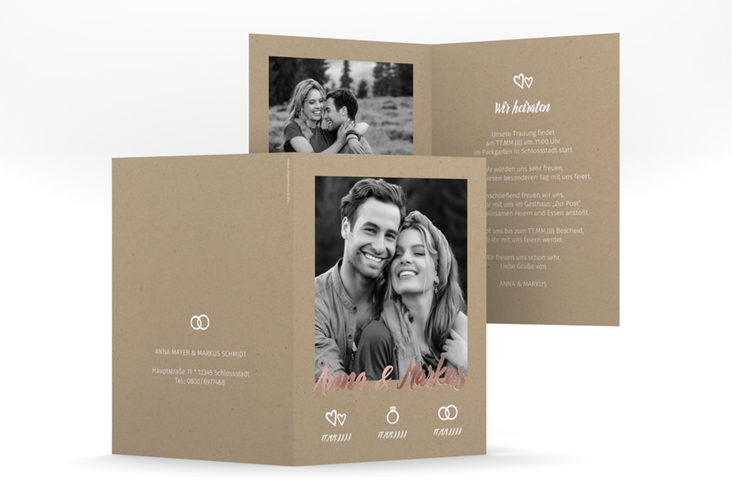 Einladungskarte Hochzeit Icons A6 Klappkarte hoch rosegold im Kraftpapier-Look mit Foto